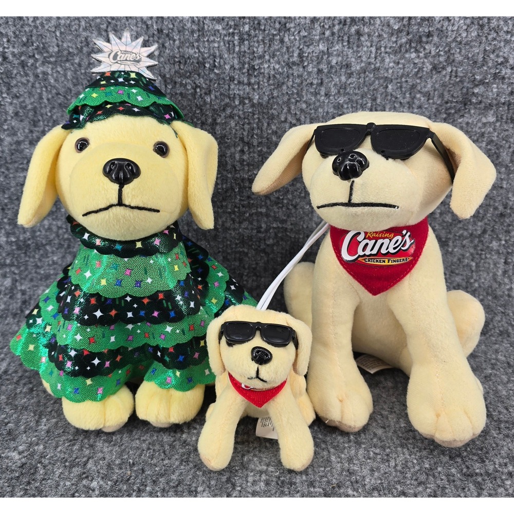 Raising Cane's Plushies Lot of 3 Dogs Rockefeller Christmas Tree Cool Cane Pups